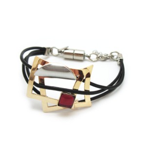 Shiny Gold square Leather Bracelet with Red Stone